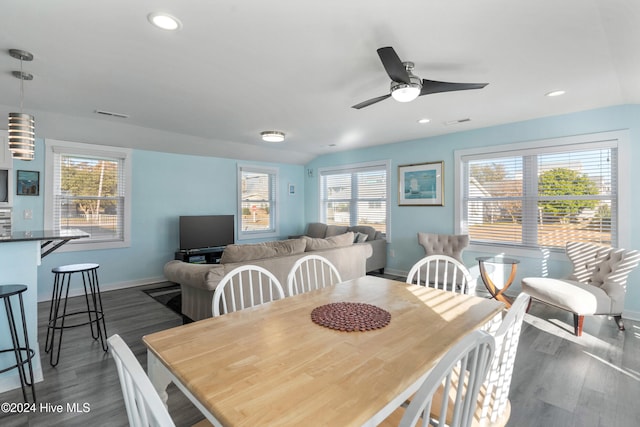 dining area featuring ceiling fan, a healthy amount of sunlight, and dark hardwood / wood-style flooring