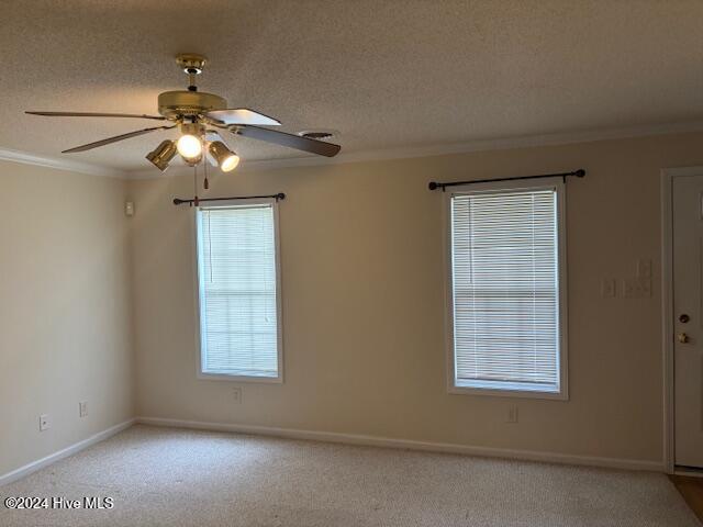 carpeted spare room featuring ceiling fan, a textured ceiling, and ornamental molding