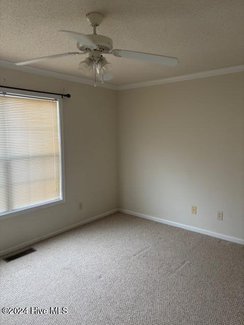 empty room featuring a textured ceiling, carpet floors, ceiling fan, and ornamental molding