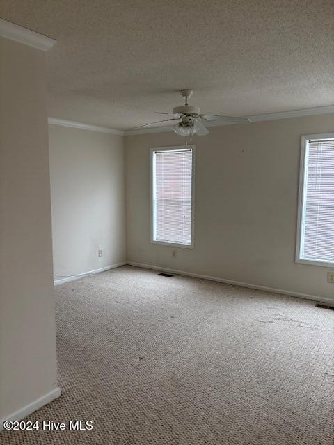 carpeted empty room featuring ceiling fan, a textured ceiling, and ornamental molding