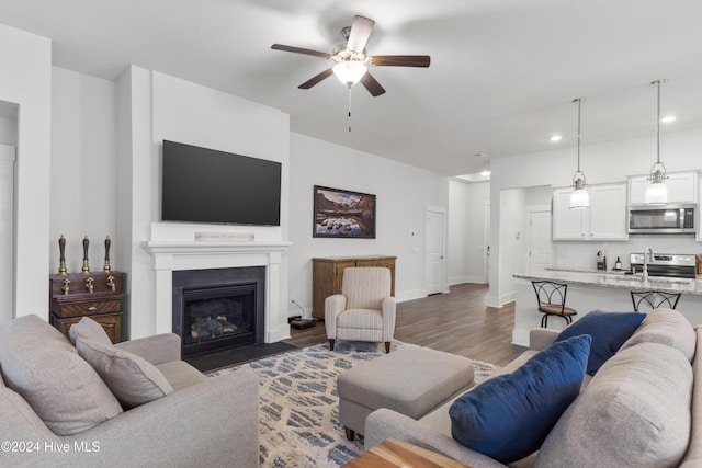 living room featuring ceiling fan and dark hardwood / wood-style floors