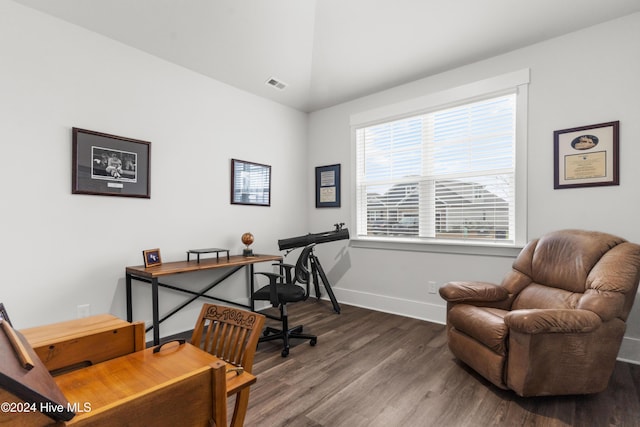 office area featuring dark hardwood / wood-style floors and lofted ceiling