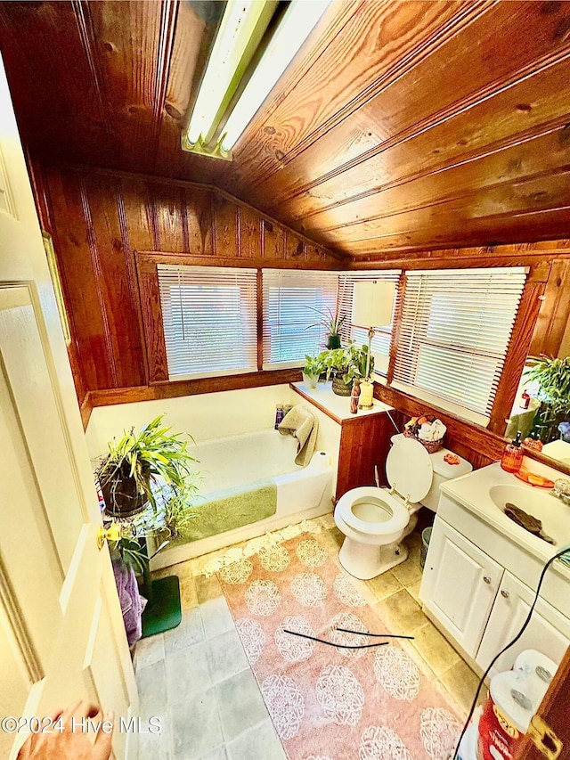 bathroom featuring a bathtub, wood ceiling, vanity, vaulted ceiling, and wood walls