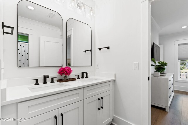 bathroom with hardwood / wood-style flooring and vanity