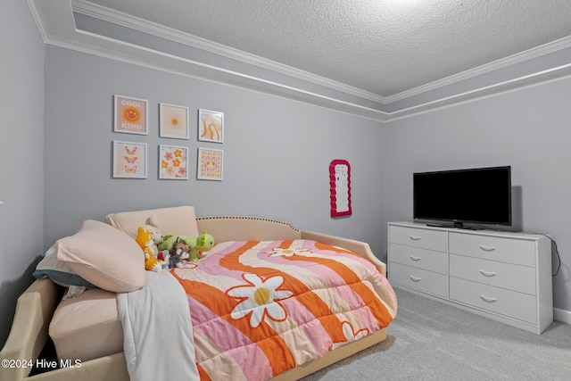 bedroom with light carpet, a textured ceiling, and ornamental molding