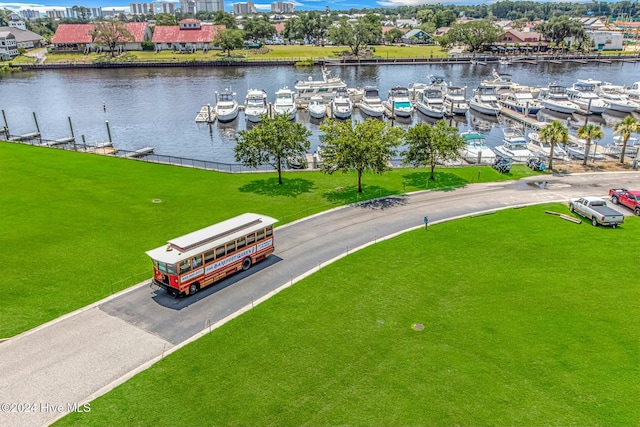 drone / aerial view featuring a water view