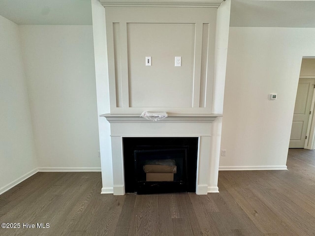 room details featuring a fireplace, wood finished floors, and baseboards