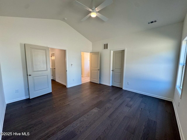 unfurnished bedroom featuring a ceiling fan, baseboards, visible vents, and dark wood-style flooring