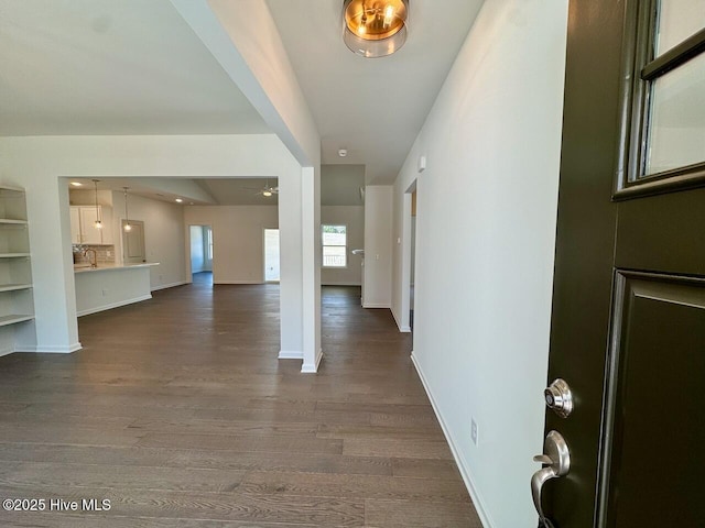 foyer entrance featuring baseboards and dark wood finished floors