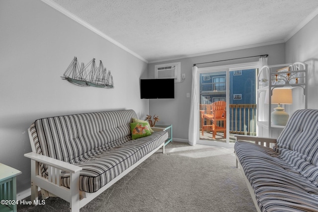 carpeted living room featuring crown molding, an AC wall unit, and a textured ceiling