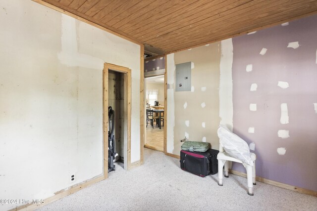 interior space featuring electric panel, light colored carpet, and wood ceiling