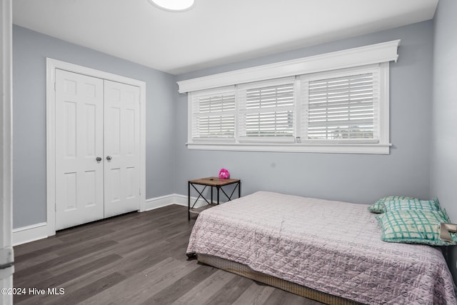 bedroom with dark hardwood / wood-style flooring and a closet