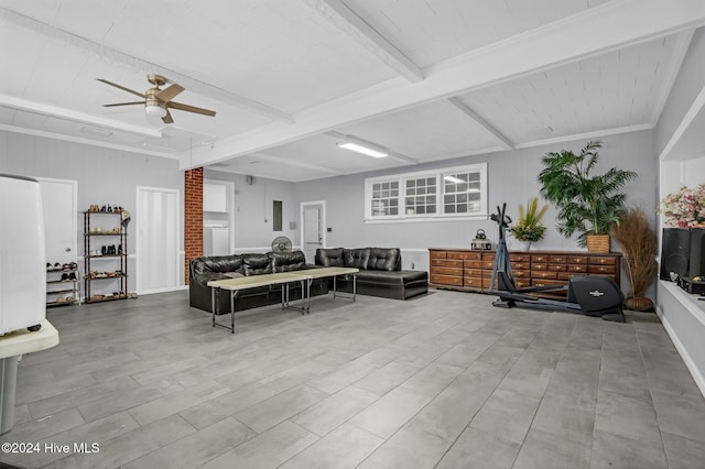 living room featuring ceiling fan, beam ceiling, and light wood-type flooring