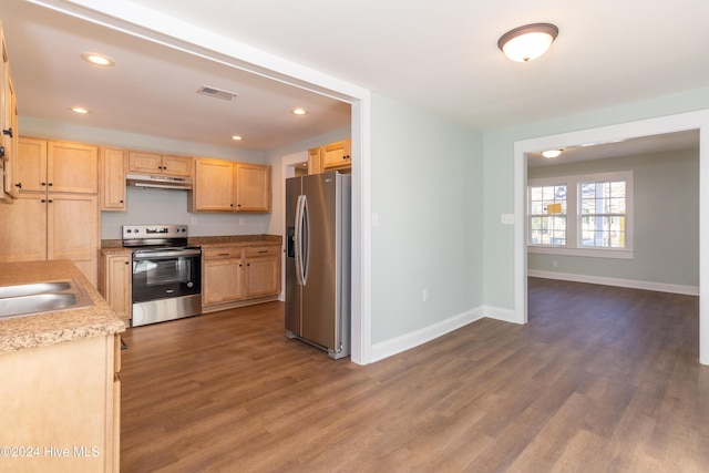 kitchen featuring light brown cabinetry, stainless steel appliances, dark wood-type flooring, and sink