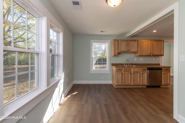 kitchen featuring dishwasher, beam ceiling, dark hardwood / wood-style flooring, and sink