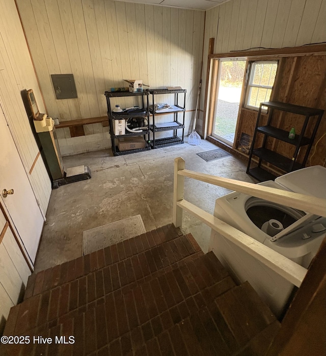 interior space with electric panel and wooden walls