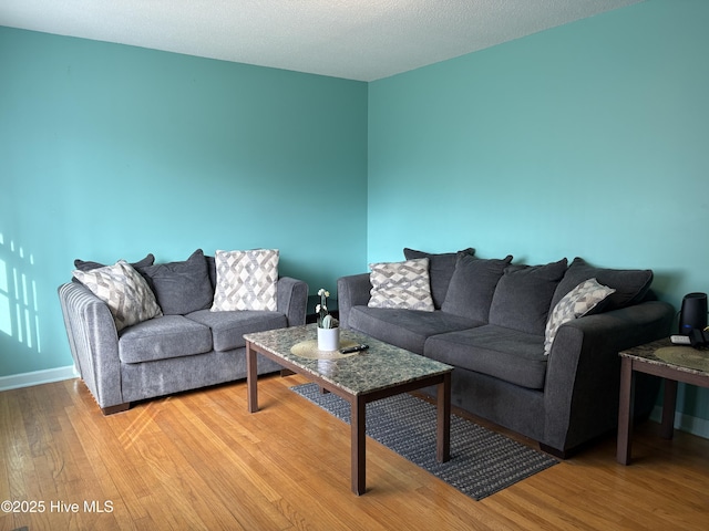 living room with hardwood / wood-style floors and a textured ceiling