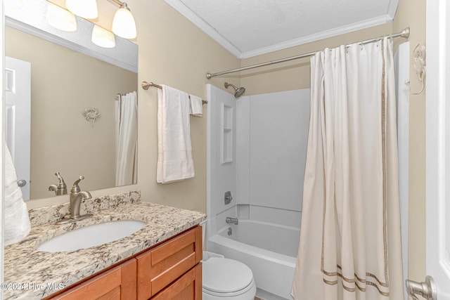 full bathroom with vanity, shower / bath combination with curtain, ornamental molding, and a textured ceiling