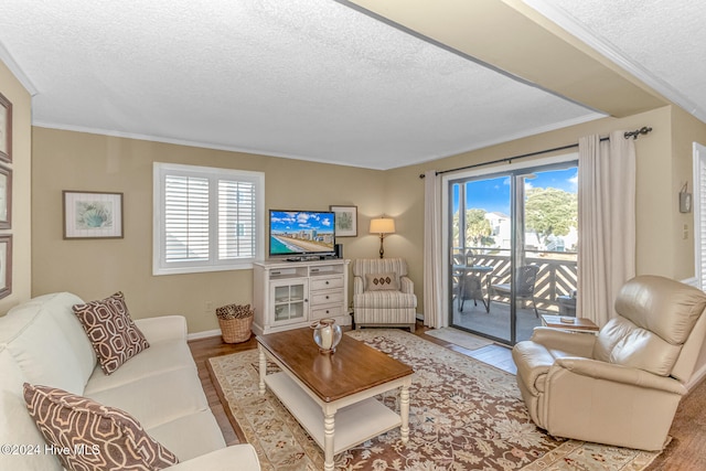 living room featuring a textured ceiling, light wood-type flooring, plenty of natural light, and crown molding