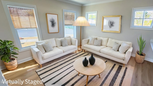 living room with a wealth of natural light, ornamental molding, and light hardwood / wood-style floors