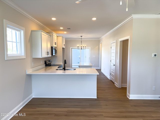 kitchen with decorative light fixtures, stainless steel appliances, sink, dark hardwood / wood-style floors, and kitchen peninsula