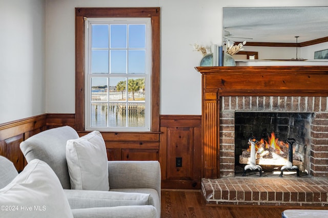 living room with a fireplace, wood finished floors, a wainscoted wall, and wood walls