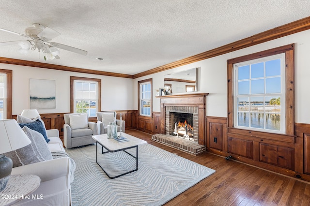 living area featuring a wainscoted wall, wood-type flooring, crown molding, a fireplace, and a textured ceiling