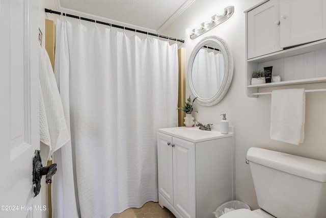 bathroom with toilet, ornamental molding, vanity, and a shower with shower curtain