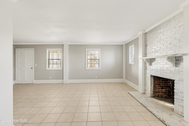 unfurnished living room featuring light tile patterned floors, a brick fireplace, baseboards, and ornamental molding