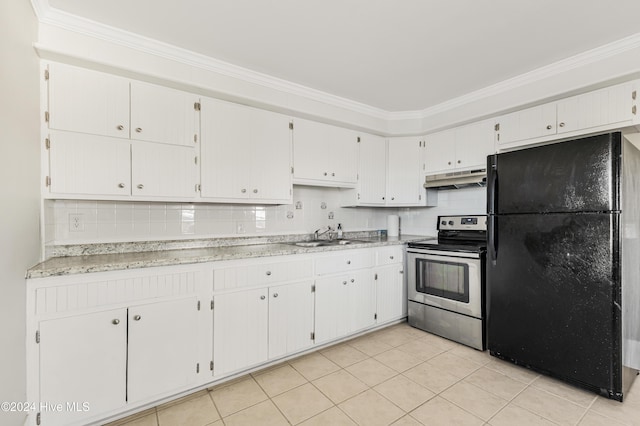 kitchen featuring black refrigerator, tasteful backsplash, crown molding, sink, and stainless steel range with electric cooktop