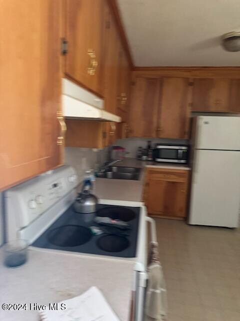 kitchen featuring ventilation hood, white appliances, and sink