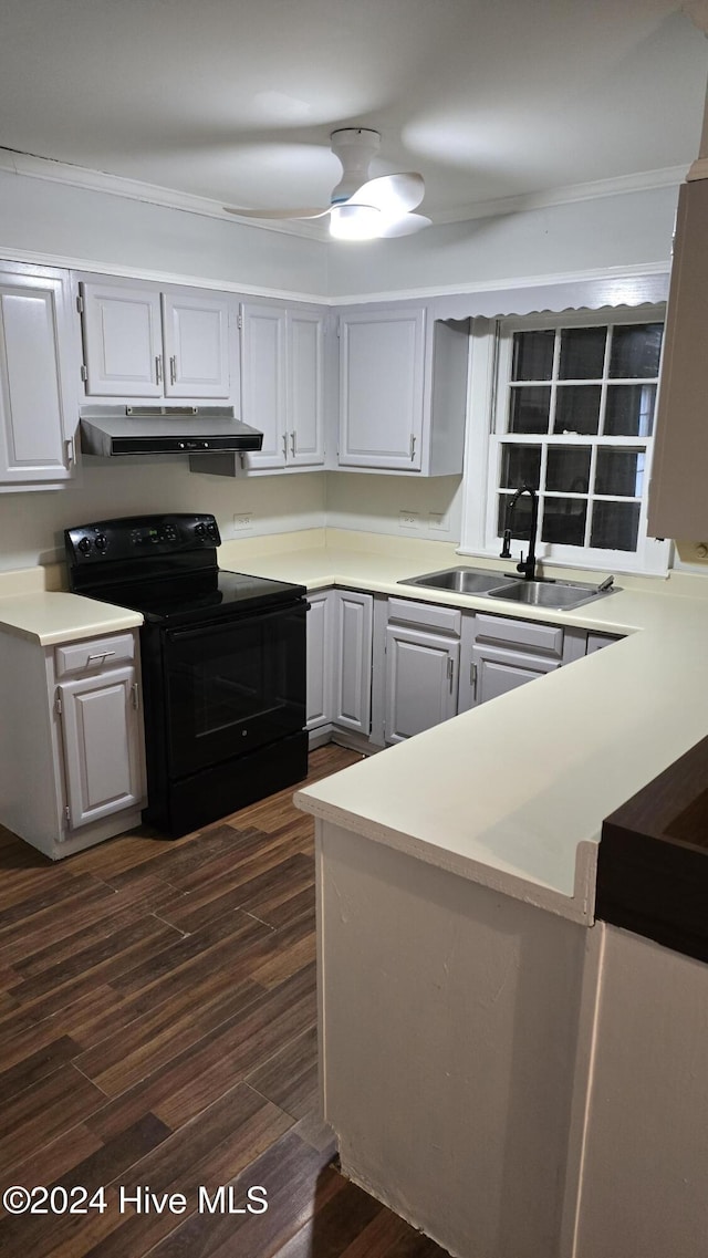 kitchen with kitchen peninsula, dark hardwood / wood-style flooring, black electric range oven, and sink