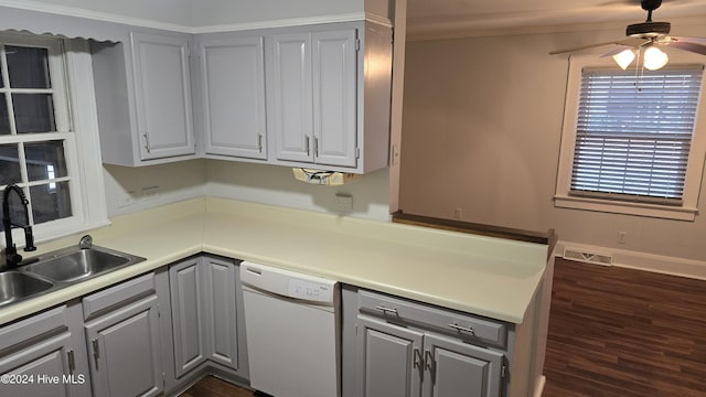 kitchen with gray cabinets and white dishwasher