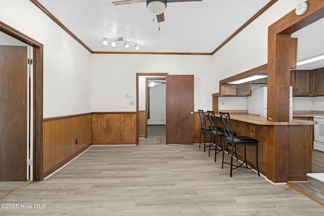 kitchen featuring light hardwood / wood-style floors, white electric range oven, crown molding, and kitchen peninsula