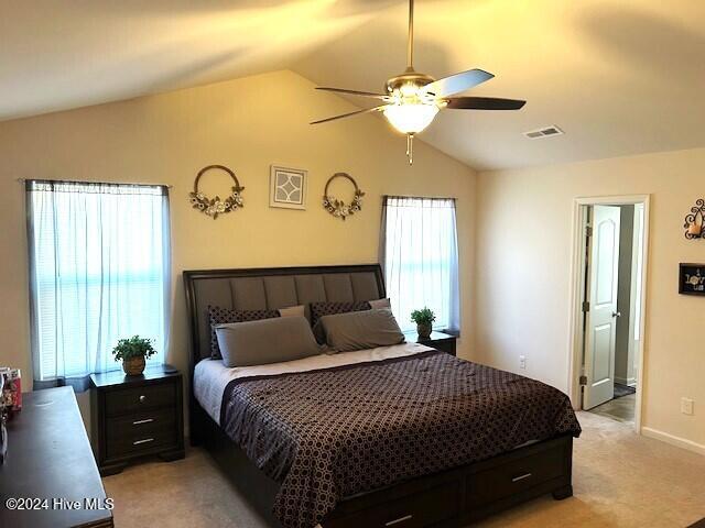 bedroom with multiple windows, vaulted ceiling, and ceiling fan