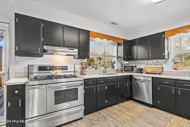 kitchen with appliances with stainless steel finishes, light hardwood / wood-style flooring, ornamental molding, and a healthy amount of sunlight