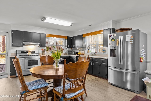 kitchen featuring decorative backsplash, crown molding, light wood-type flooring, and appliances with stainless steel finishes