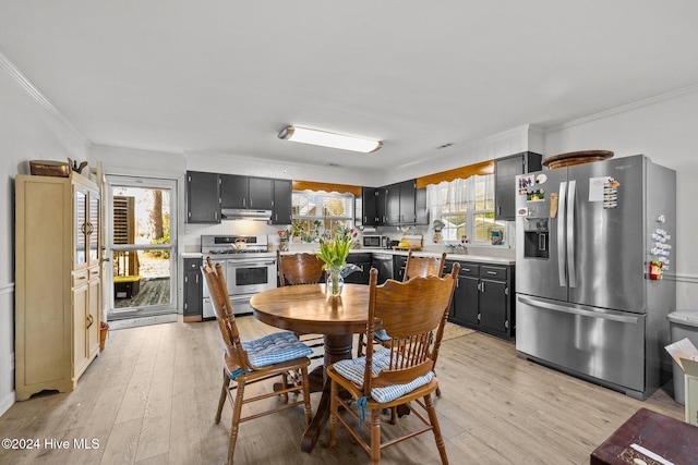 kitchen with a healthy amount of sunlight, ornamental molding, stainless steel appliances, and light hardwood / wood-style floors