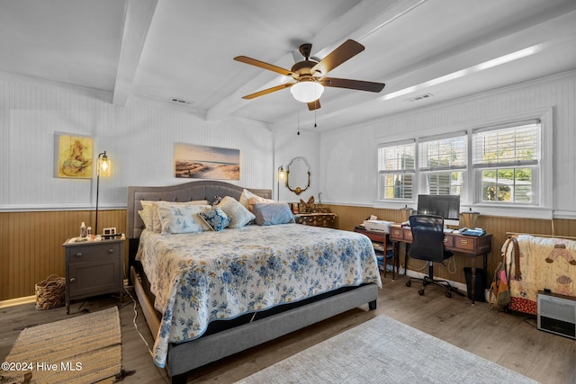 bedroom featuring ceiling fan, beam ceiling, wood-type flooring, and wooden walls