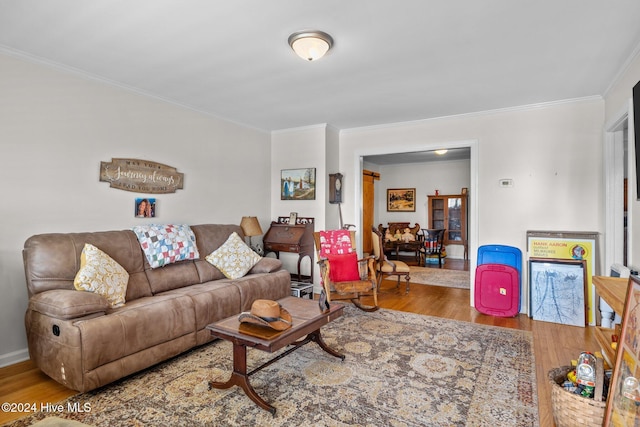 living room featuring light hardwood / wood-style flooring and crown molding