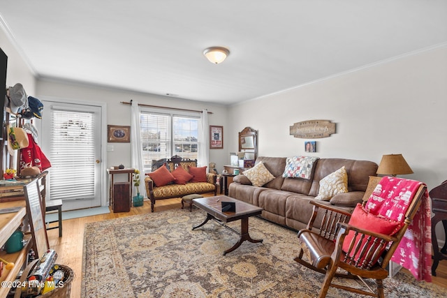 living room with ornamental molding and light hardwood / wood-style flooring