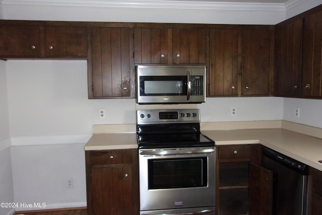 kitchen with dark brown cabinetry and stainless steel appliances