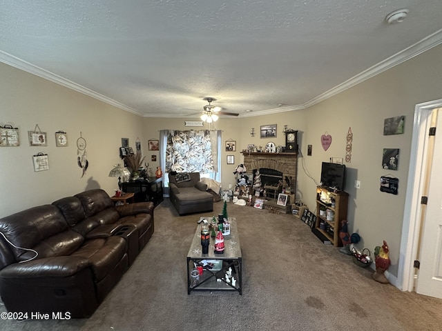 carpeted living room with crown molding, ceiling fan, a textured ceiling, and a brick fireplace