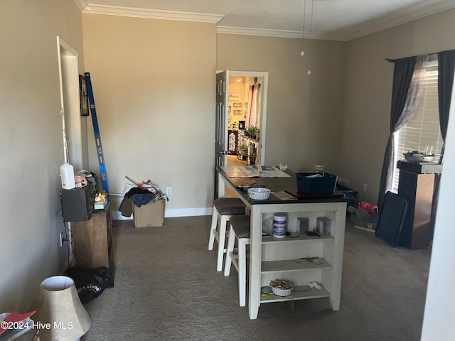 carpeted dining area with ornamental molding