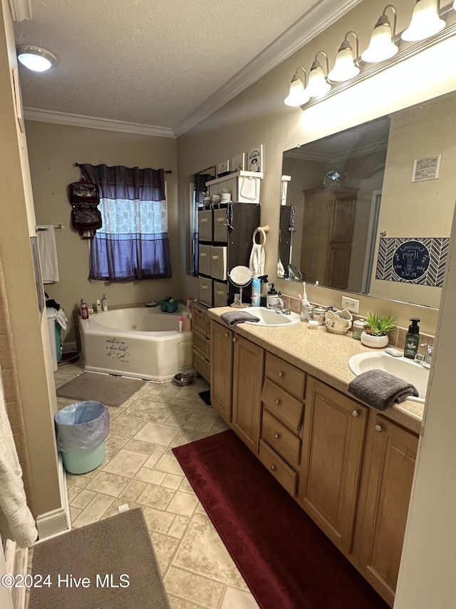 bathroom featuring vanity, a textured ceiling, separate shower and tub, and crown molding