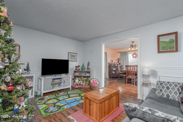 living room with ceiling fan and hardwood / wood-style floors