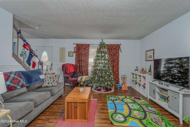 living room with hardwood / wood-style floors and a textured ceiling