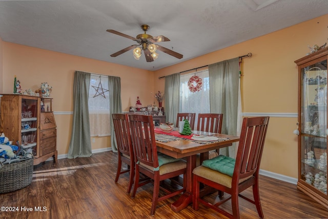 dining room featuring ceiling fan and dark wood-type flooring