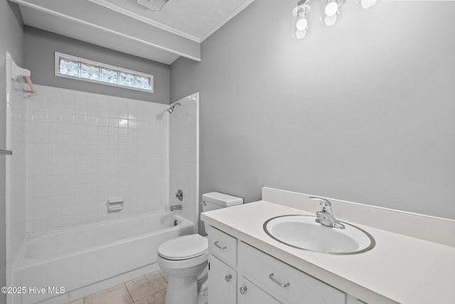 full bathroom featuring tile patterned flooring, vanity, shower / bath combination, and toilet