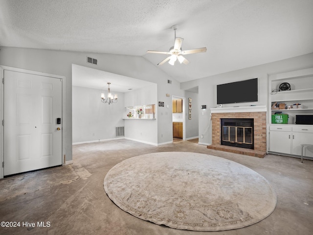 living room featuring ceiling fan with notable chandelier, vaulted ceiling, a brick fireplace, built in features, and a textured ceiling